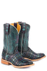 Ladies Tin Haul Entwined Distressed Turquoise Wide Square Toe Boot w/ Roses Obvious Sole