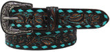 Challenger Western Rodeo Floral Tooled Teal Backstitched Leather Belt