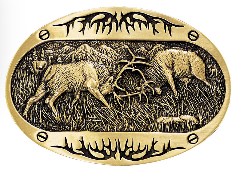 Montana Silversmiths Fighting Elk Brass Heritage Attitude Belt Buckle