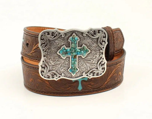Kid’s Nocona Scroll Embossed Turquoise Cross Western Belt