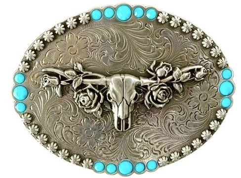 Blazin Roxx Turquoise Longhorn Skull Head Western Belt Buckle