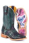 Ladies Tin Haul Entwined Distressed Turquoise Wide Square Toe Boot w/ Roses Obvious Sole