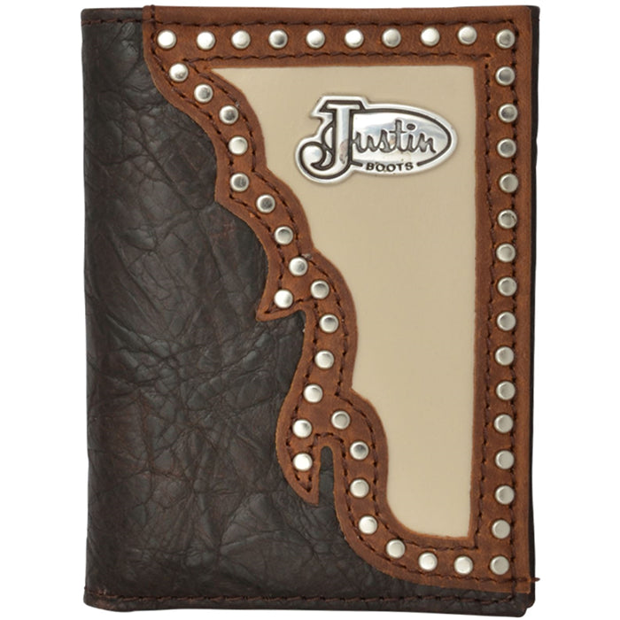 Justin Cream Inlay Brown Western Trifold Wallet