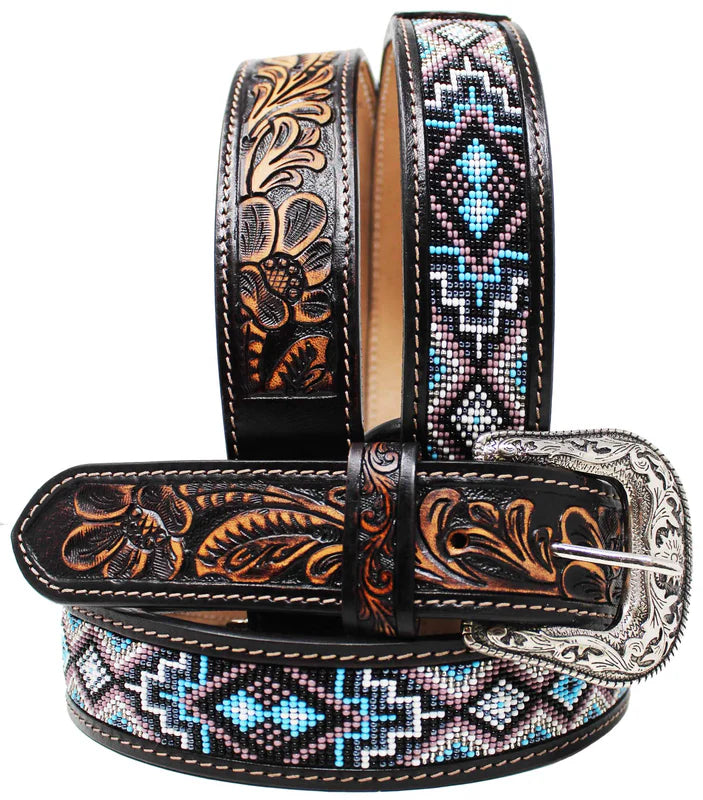 Challenger 1-1/2" Wide Tan Leather Floral Tooled Beaded Casual Jean Belt