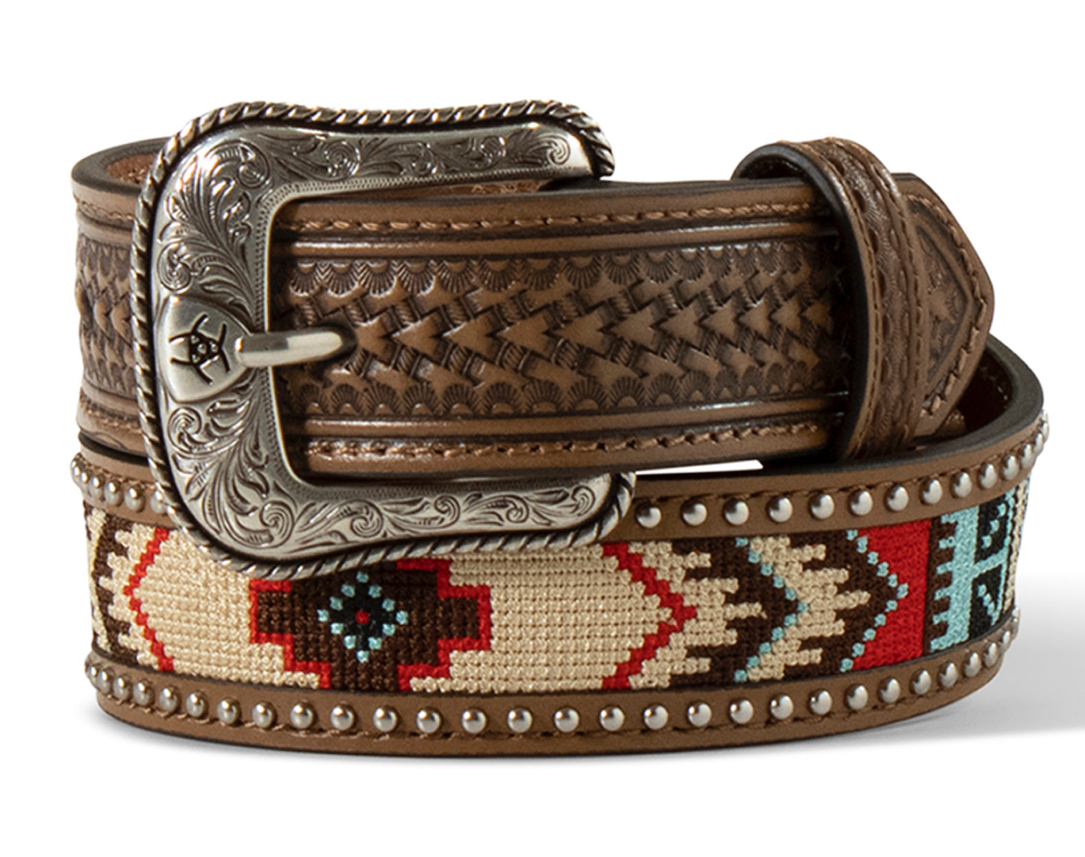 ARIAT Men's Western Belt – Genuine Leather With Embroidered Inlay & Round Conchos, 1.5” Wide