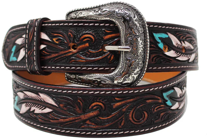 Kid’s Challenger Tan Leather Feather Floral Tooled Casual Jean Belt