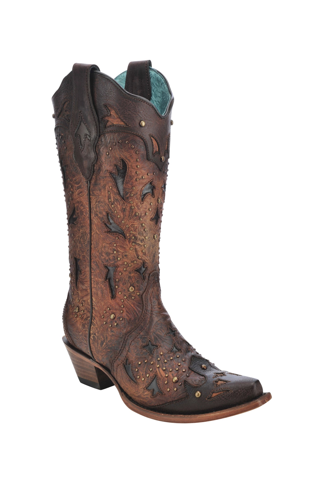 Ladies’ Corral Brown Embossed and Studded Snip Toe Boot